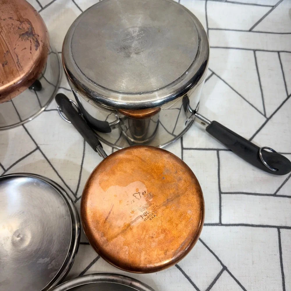 Revere Ware Saucepan Set 7 Piece Silver Copper Bottom Stainless Steel USA Made